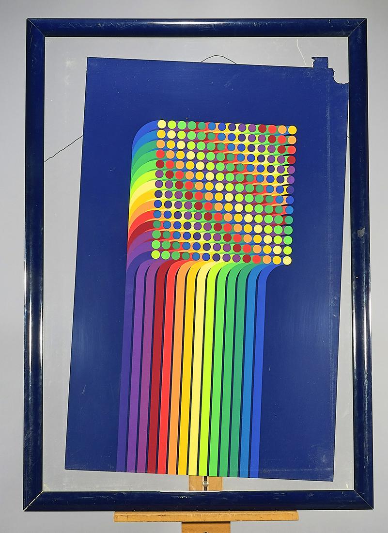 Serigraph by Julio le Parc: Framed serigraph by Julio le Parc (Argentina, b. 1928); 40" x 25 182" (paper, approx.)Condition: separated torn upper right corner, in frame