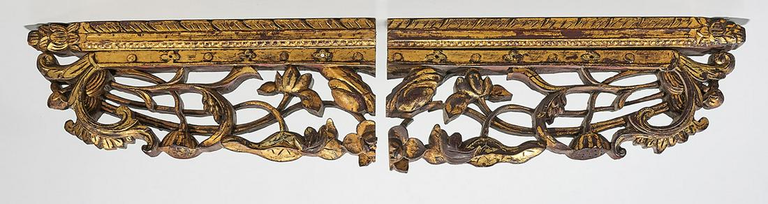 Two Chinese Gilt Wood Carvings: Two Chinese gilt painted carved wood architectural elements; 6 1/2" x 17" x 2" (each, approx.)