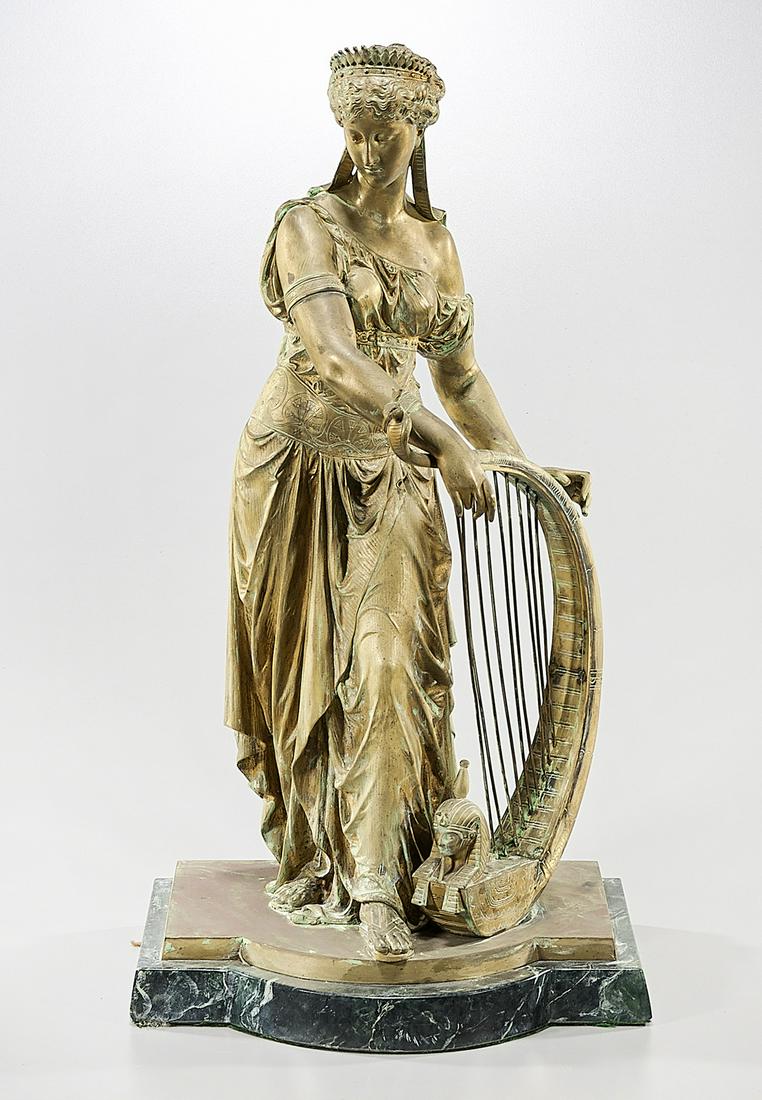 Bronze Sculpture After Bouret: Bronze Classical figure with harp; after Eutrope Bouret (French, 1833-1906); 20 1/4" x 10 3/4" x 8 1/2" (approx.)