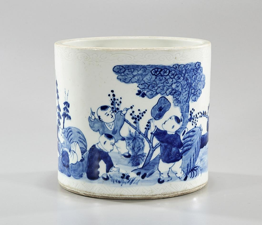 Chinese Blue and White Porcelain Brush Pot: Chinese blue and white porcelain brush pot; with children playing in a landscape; 7 1/4" x 8" (approx.)