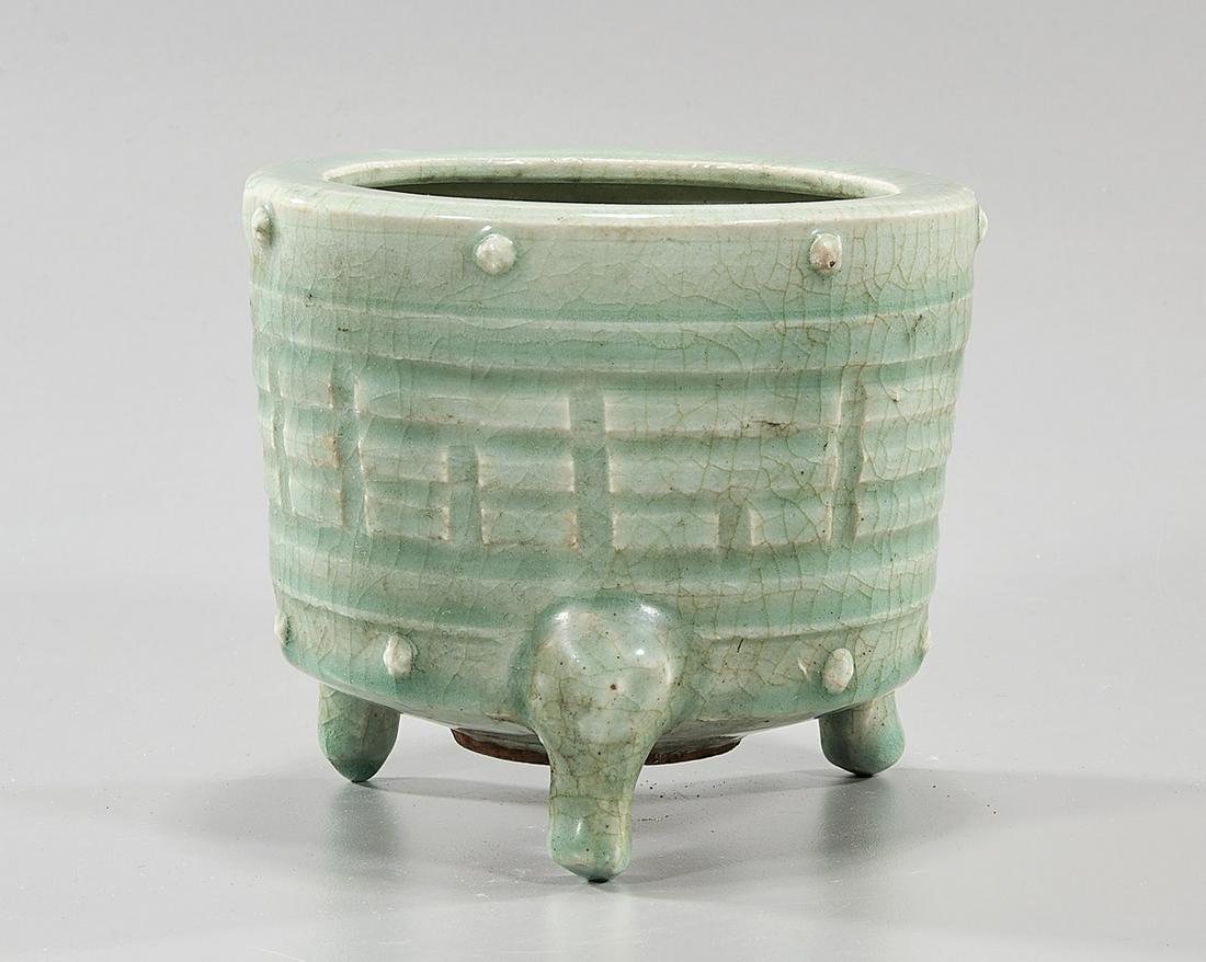 Chinese Celadon Glazed Tripod Censer: Chinese celadon glazed tripod censer; 5 1/4" x 5 3/4" (approx.) Condition: firing flaws, frits, pits, glaze loss