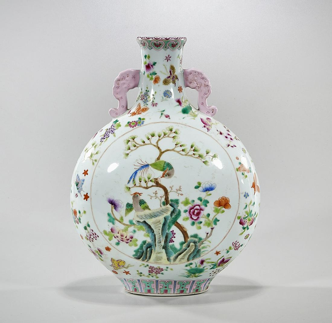 Chinese Famille Rose Porcelain Moon Flask Vase: Chinese famille rose porcelain moon flask vase; with birds and butterflies decoration; Qianlong mark, but later; 13" x 5 1/2" x 9 1/2 (approx.)