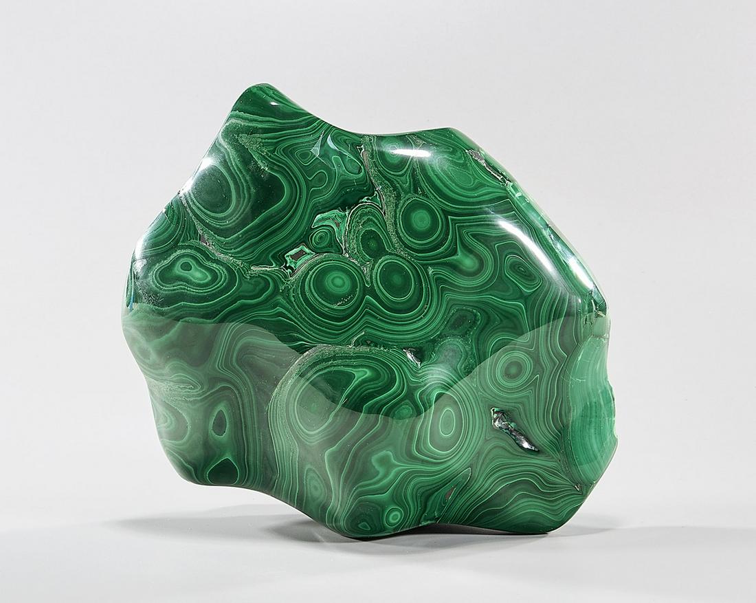 Malachite Specimen: Malachite specimen; partially polished; weight: 19 lbs (approx.); 3 3/4" x 10 1/2" x 9" (approx.)