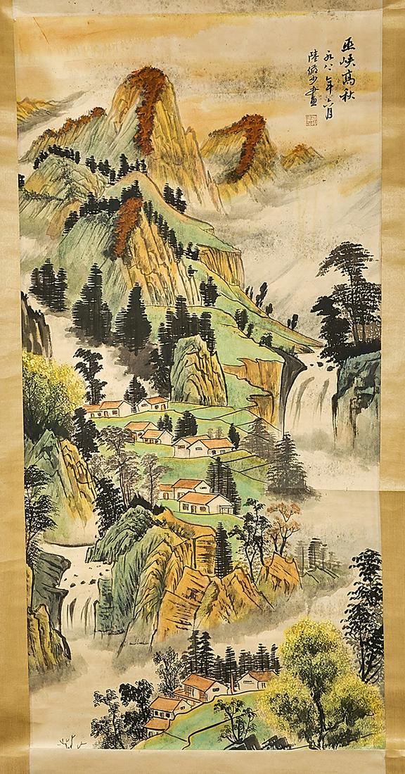 Two Chinese Scrolls After Lu Yanshao & Song Wenzhi: Two Chinese ink and color on paper landscape scrolls: after Song Wenzhi; together with after Lu Yanshao; each signed, with seal marks; 50 1/2" x 25" (largest, approx.)