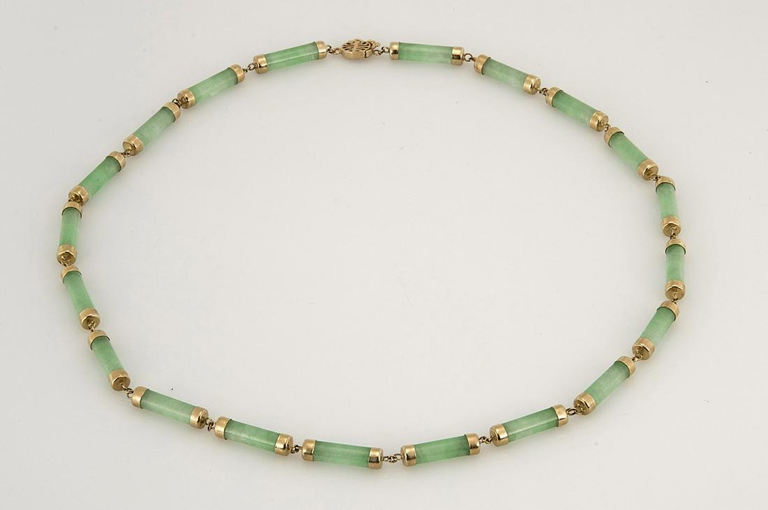Jadeite & Gold Choker: Chinese 14 kt yellow gold and green Jadeite bead choker; L: 16" (approx.); total weight approx. 9.25 grams
