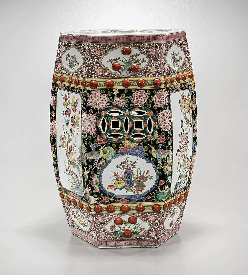 Chinese Enameled Porcelain Garden Seat: Chinese enameled porcelain garden seat; birds and flowers decoration; 19 1/2" x 13" x 11" (approx.) Condition: general wear, frits, pits, minor losses