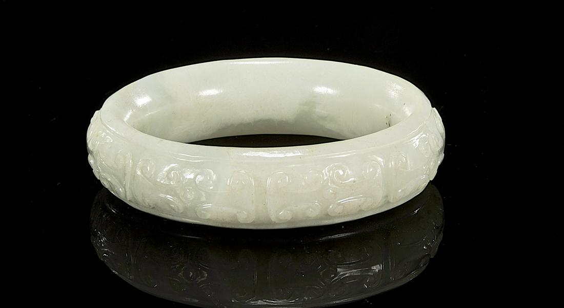 Chinese Carved Archaistic Jade Bangle (1 of 2)