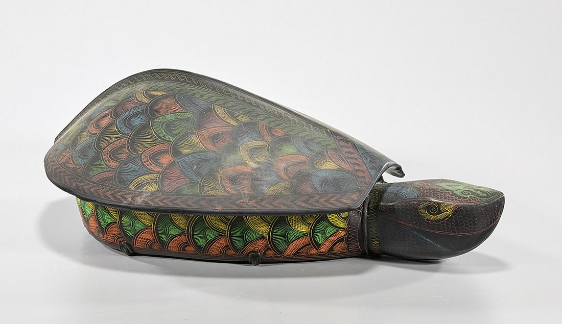 Painted Wood Turtle-Form Covered Container: Painted wood covered turtle-form container; 3 1/2" x 15" x 9 1/2" (approx.)