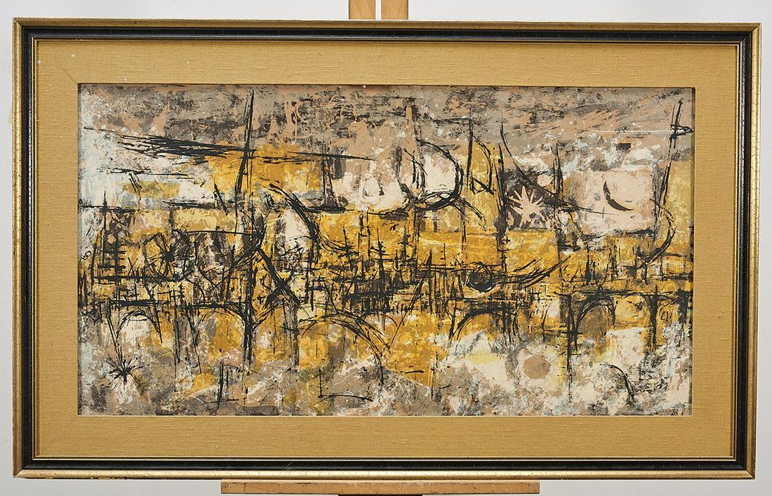 Abstract Print by Dorothy Bowman: Abstract print by Dorothy Bowman; "Illuminated Pier" NO.3. Neutral ground palette with architectural linear design; pencil signed lower right; framed; 18" x 33 1/2" (sight, approx.) (not examined out