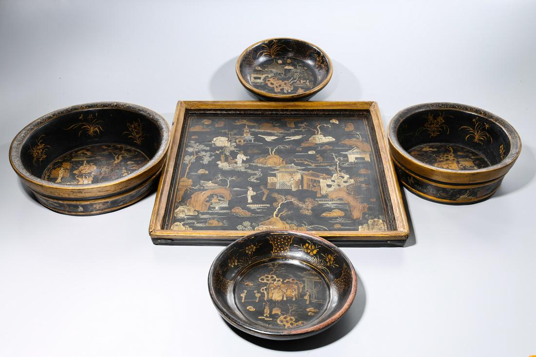 Group of Five Chinese Painted Lacquer Items (1 of 7)