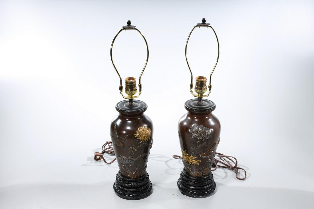 Pair Japanese Meiji Period Mixed-Metal Lamps (1 of 6)