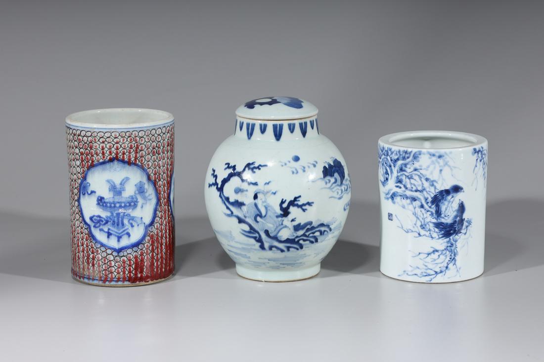 Group of Various Chinese Porcelains: Group of various Chinese porcelains; hand-painted blue and white ginger jar with lid; white and blue vessel with mark on bottom; and bird moti red, blue and white vessel