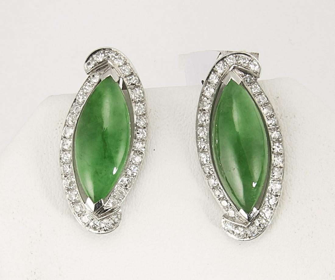 Pair Navette Jadeite & Diamond Ear Clips (1 of 1)