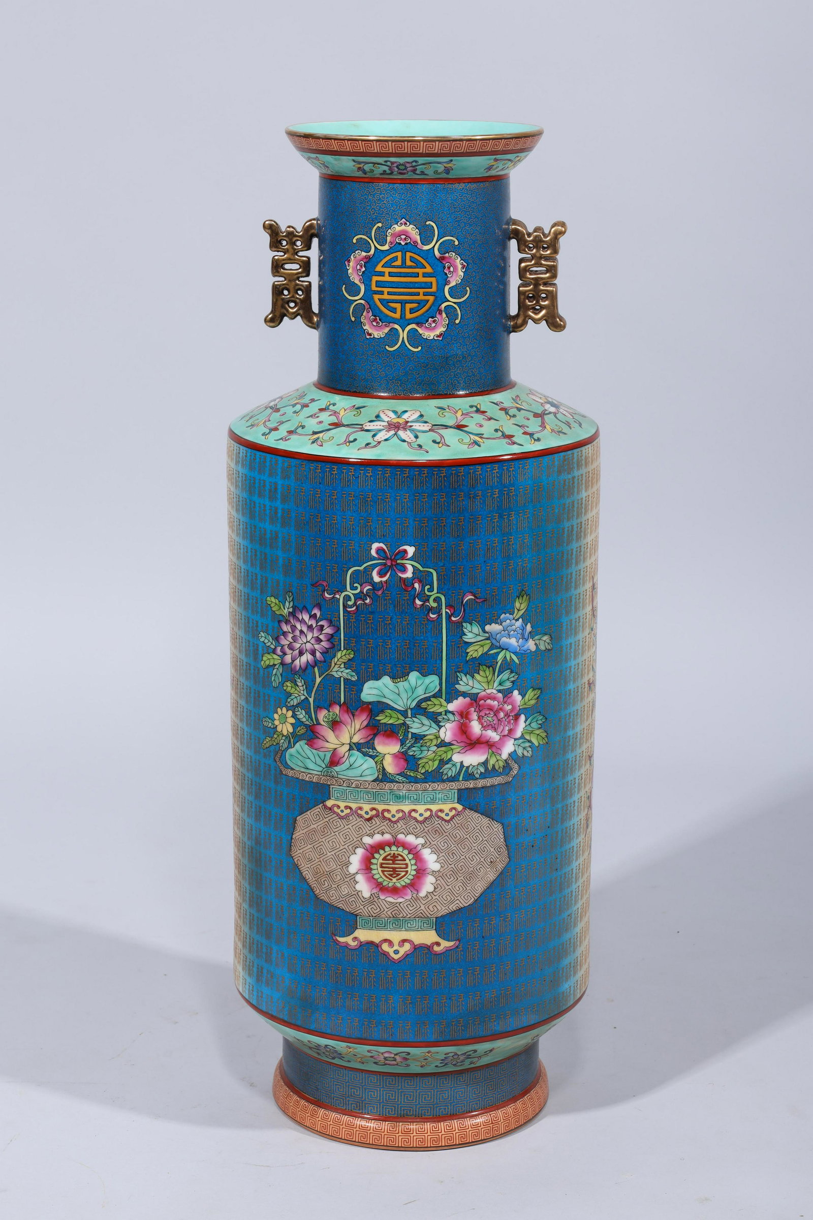 Chinese Porcelain Famille Rose Vase: Chinese porcelain famille rose vase with molded handles, with six-character Qianlong mark to bottom; overall good condition, minor losses, minor wear; H 22 1/4" x D 8 1/4" (approx.)