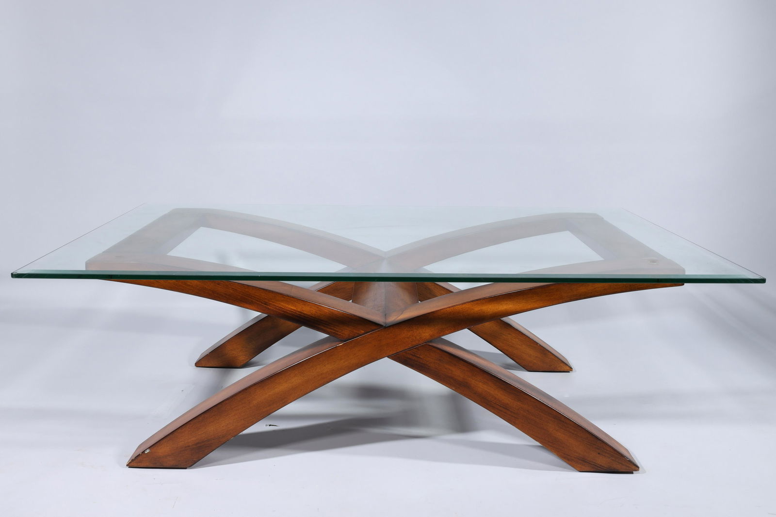 Wood & Glass Coffee Table: Coffee table with wood base and glass top with beveled edge; as-is condition, scratches, minor chips, losses, minor cracks to wood; H 17" x W 54" x L 36" (including glass)