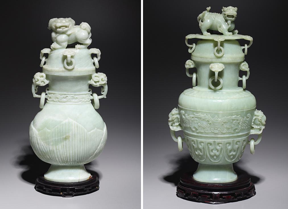 Two Large Chinese Carved Hardstone Covered Vases (1 of 9)