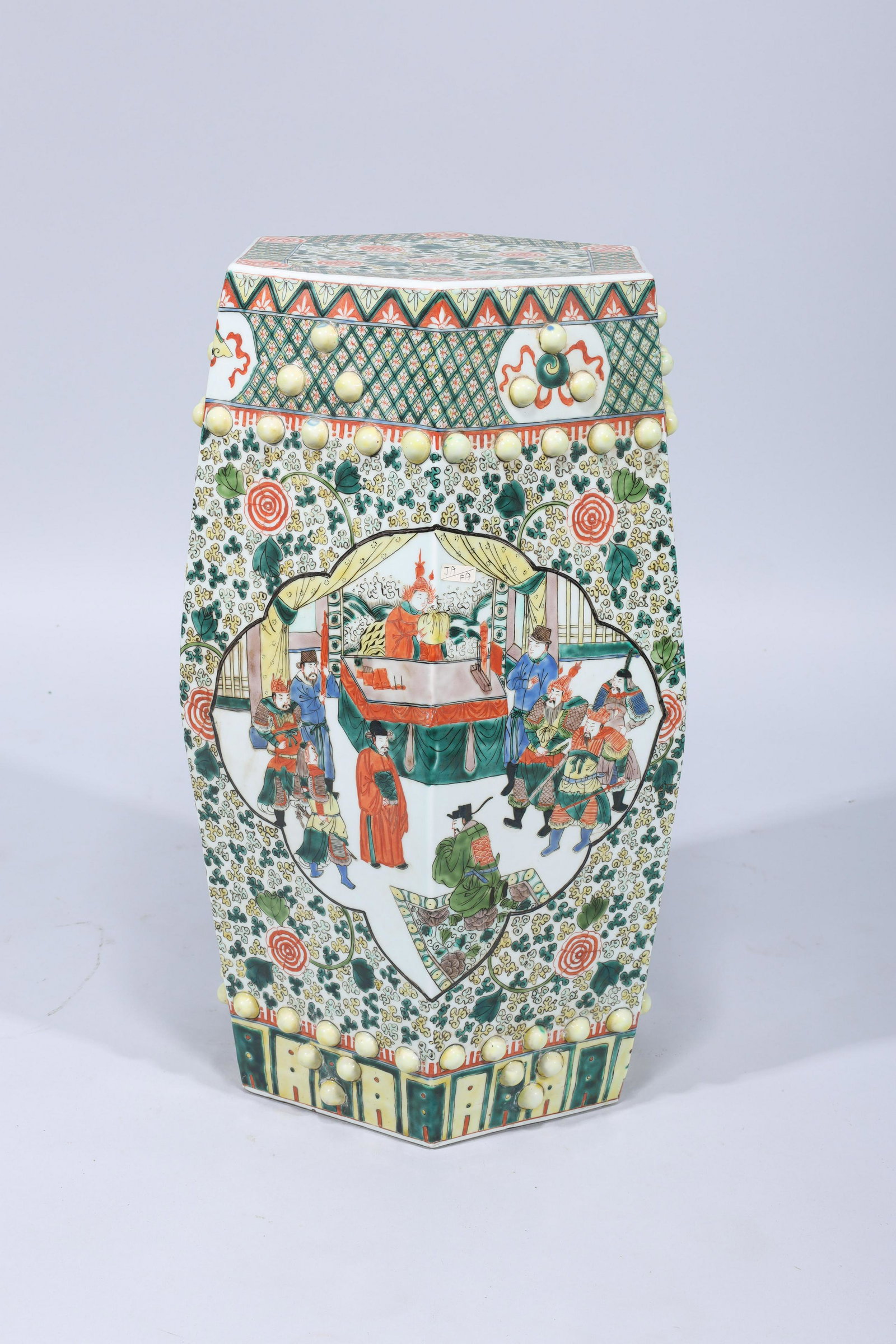 Chinese Famille Verte Enameled Porcelain Garden Seat: Chinese famille verte enameled porcelain garden seat with scholars and precious vessels; overall good condition, minor wear; H 18 1/2" x D 12 1/2" (approx.)