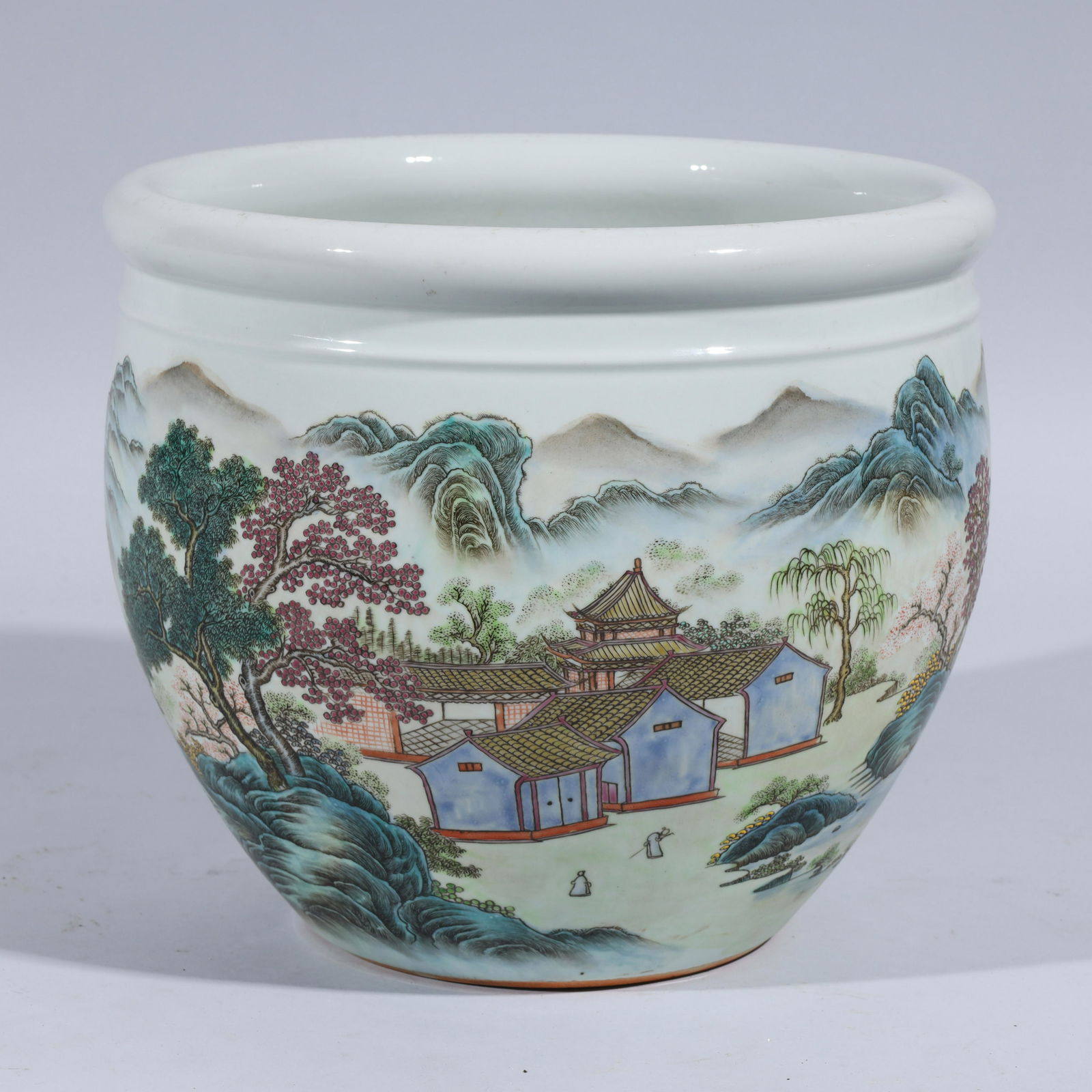 Chinese Enameled Porcelain Famille Rose Jardiniere: Large Chinese enameled porcelain famille rose jardiniere; landscape design with calligraphy and seal mark; minor wear, firing flaws, losses to enamel; H 14 1/4" x W 16 1/4" (approx.)