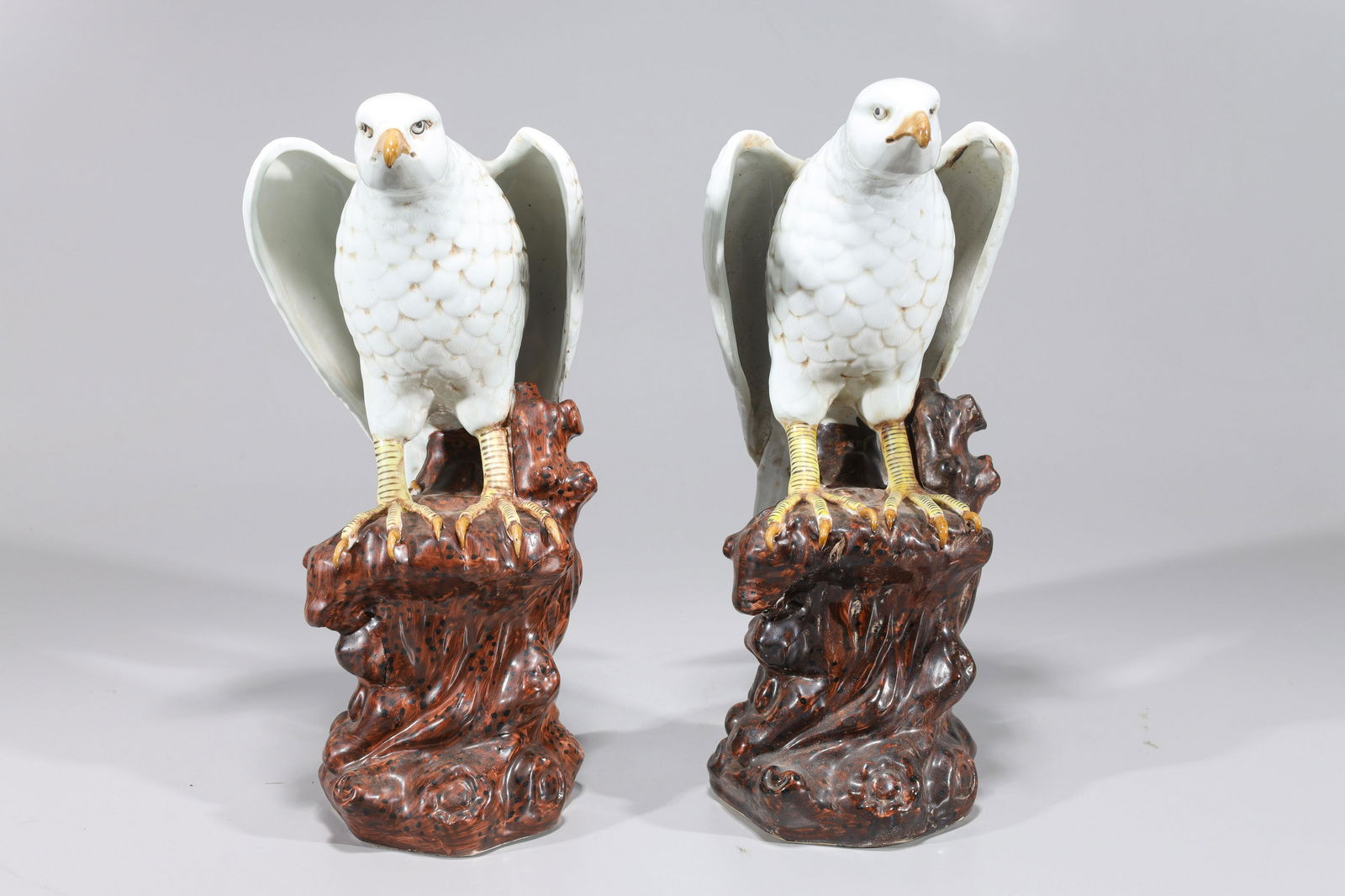 Pair Of Chinese Enameled Porcelain Hawk Statues (1 of 8)