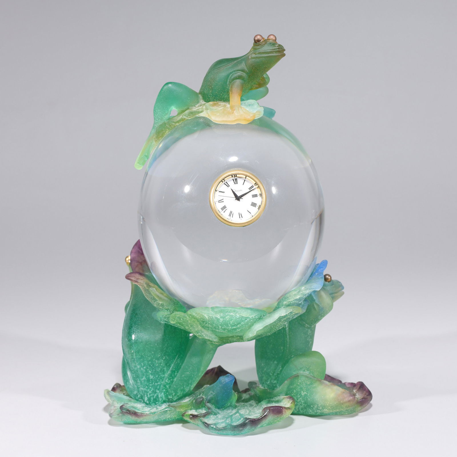 Daum Nancy Clock: Daum Nancy glass clock with base, signed; H 9 3/4" x W 7" x L 4 1/2" (approx.); Provenance: Private collection Los Angeles, California