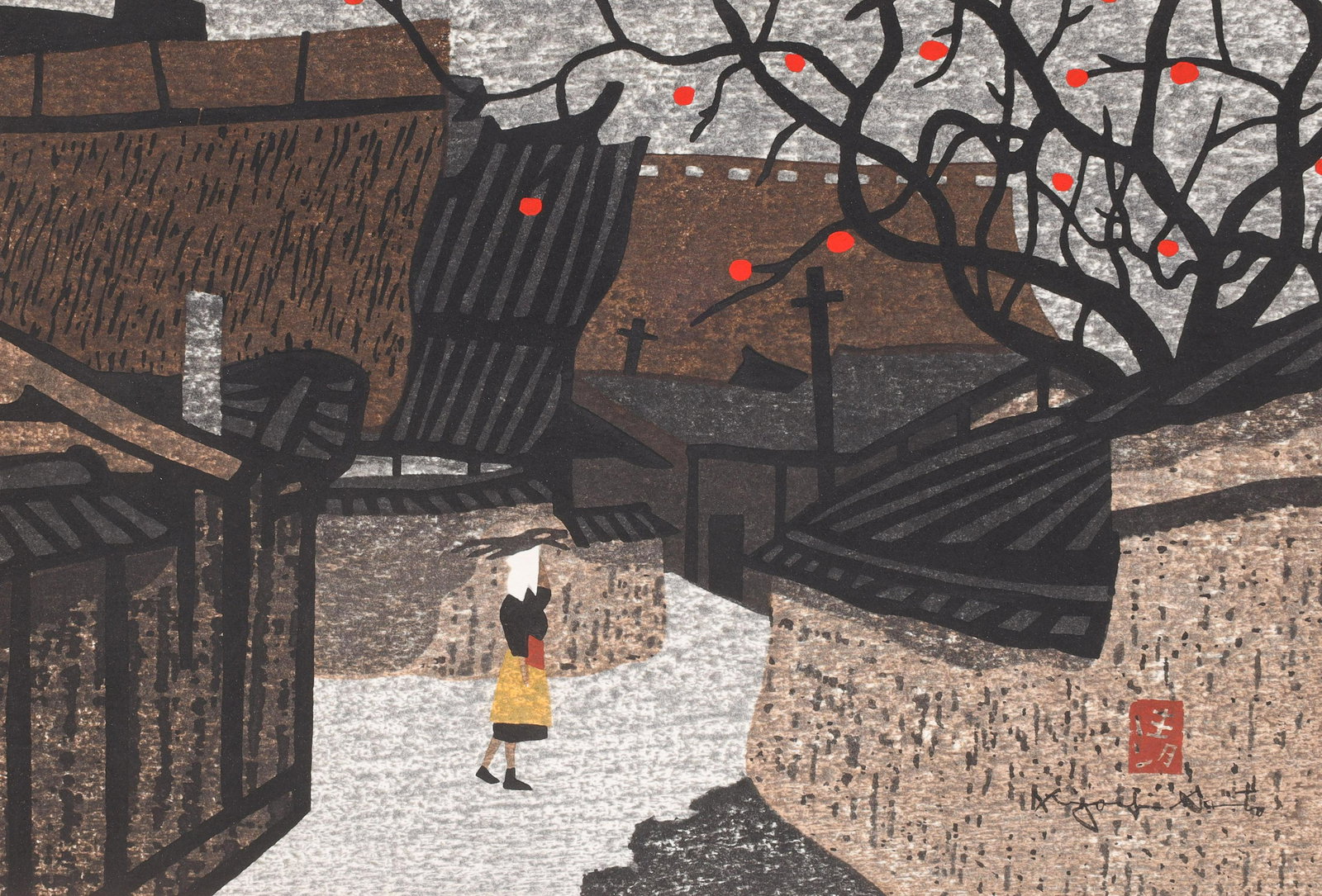 Kiyoshi Saito (1907-1997), Japanese: Woodblock print by Kiyoshi Saito, signature and seal mark to lower right; image 15" x 10", matting 18 1/4" x 13 1/4" (approx.)