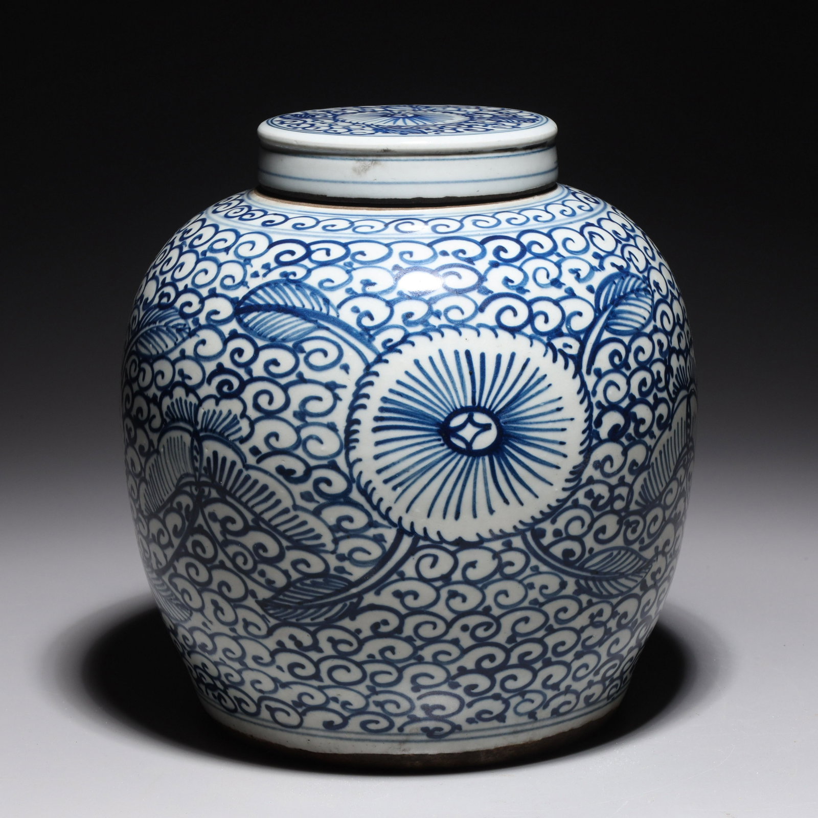 Chinese Blue & White Covered Porcelain Vase: Chinese blue and white covered porcelain vase with allover designs; minor wear, some pitting to base, minor firing flaws; H 9 1/4" x D 8 1/2" (approx.)