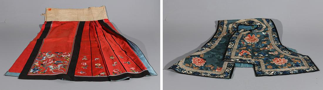 Two Embroidered Chinese Textiles: Two embroidered Chinese textiles including skirt and section of a robe; the section in as-is condition, extensive staining, shredding, and losses, the skirt with staining, some holes, and losses; W 41