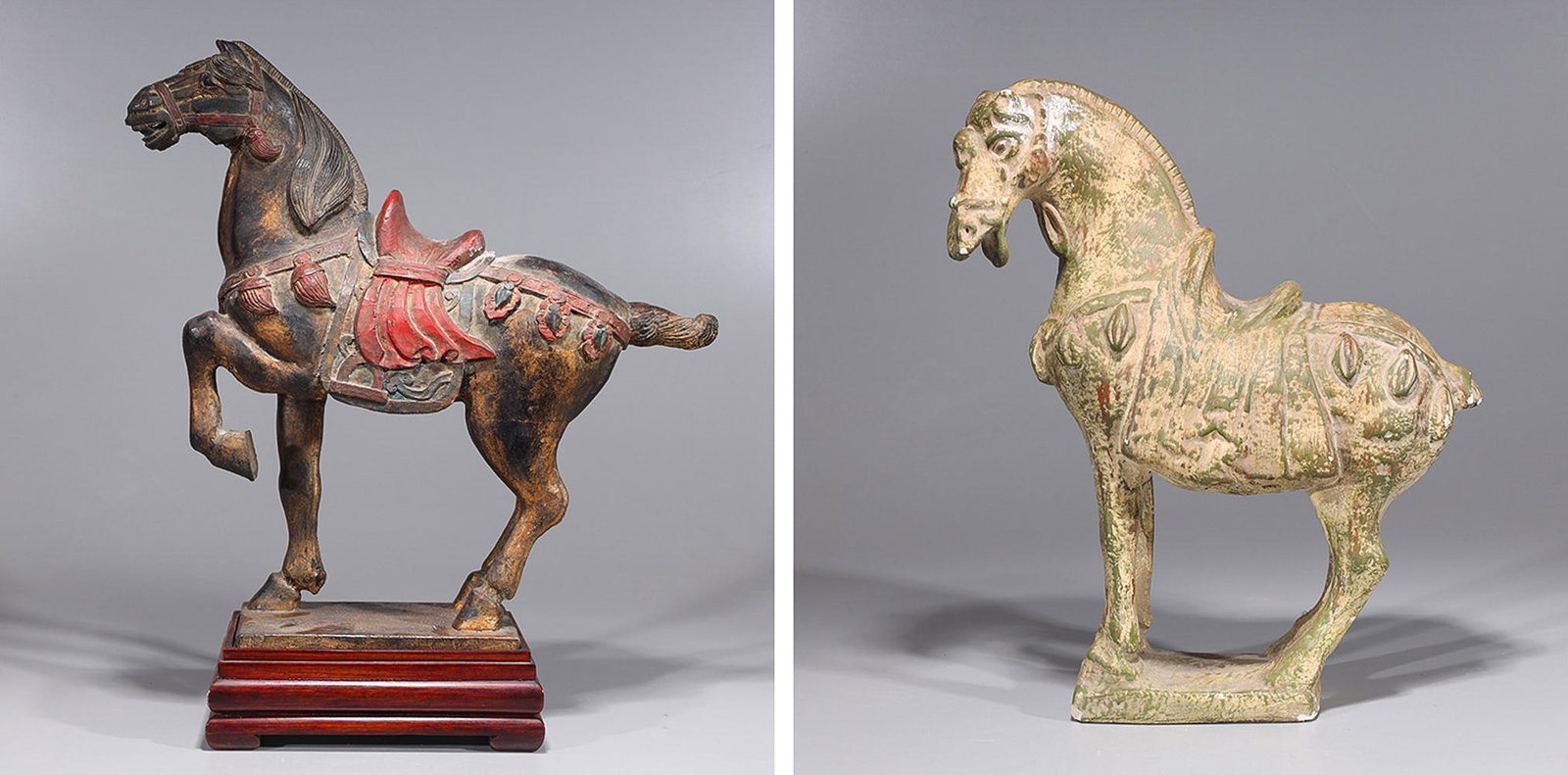 Two Chinese Horse Statues: Two Chinese horse statues, including one smaller ceramic horse, and one larger carved wood with partial gilt and stand; the larger H 24" x L 20" x W 7 1/2" (approx.) Provenance: Private Beverly Hills,