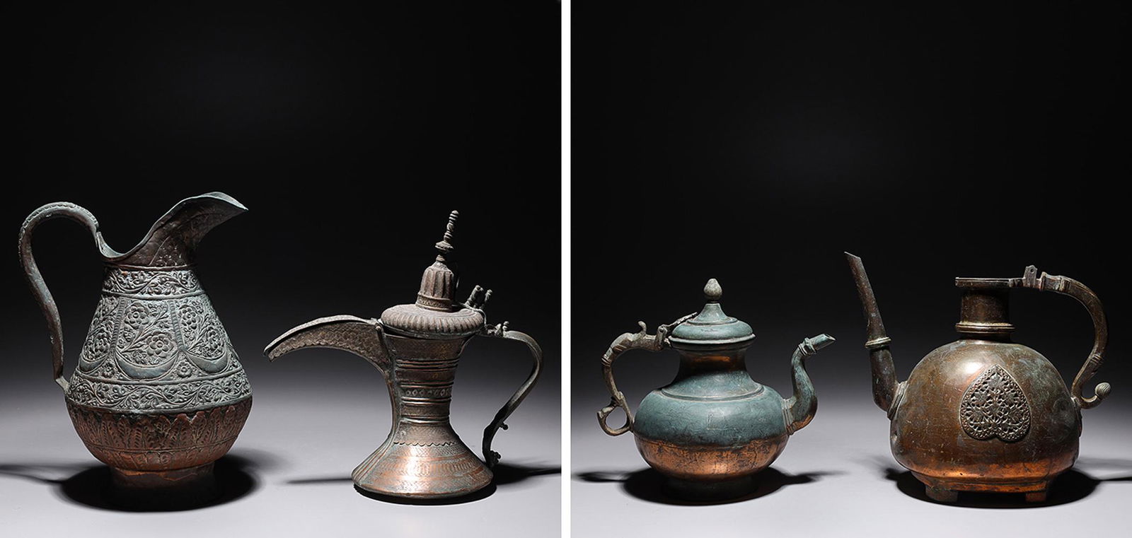 Group of Four Antique Ewers: Group of four large antique bronze or copper alloy ewers with incised designs, possibly Persian or Middle Eastern, 19th century or earlier; some wear, some patina, some minor losses; the largest H 12"