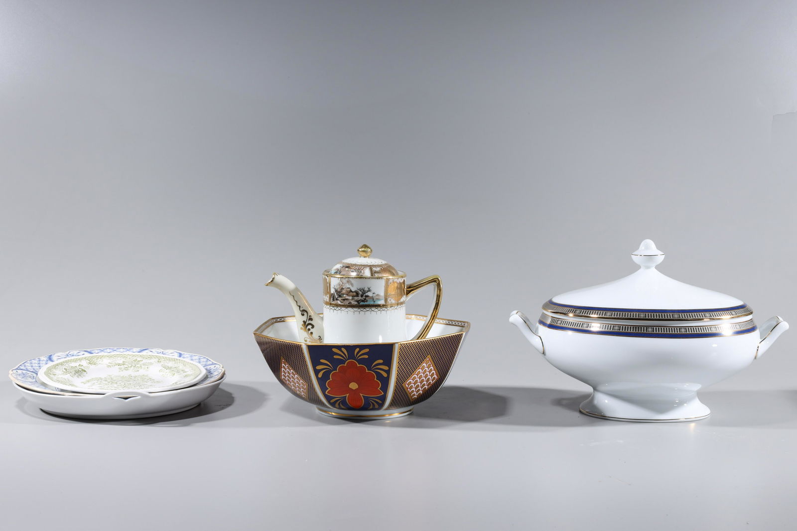 Group of Six Various European Porcelains: Group of six various European porcelains; including a Bernardaud & Co. Limoges tureen, Nippon gilt and enameled teapot and blue and white dish, a Kensington Balmoral dish, Old Chelsea blue and white d