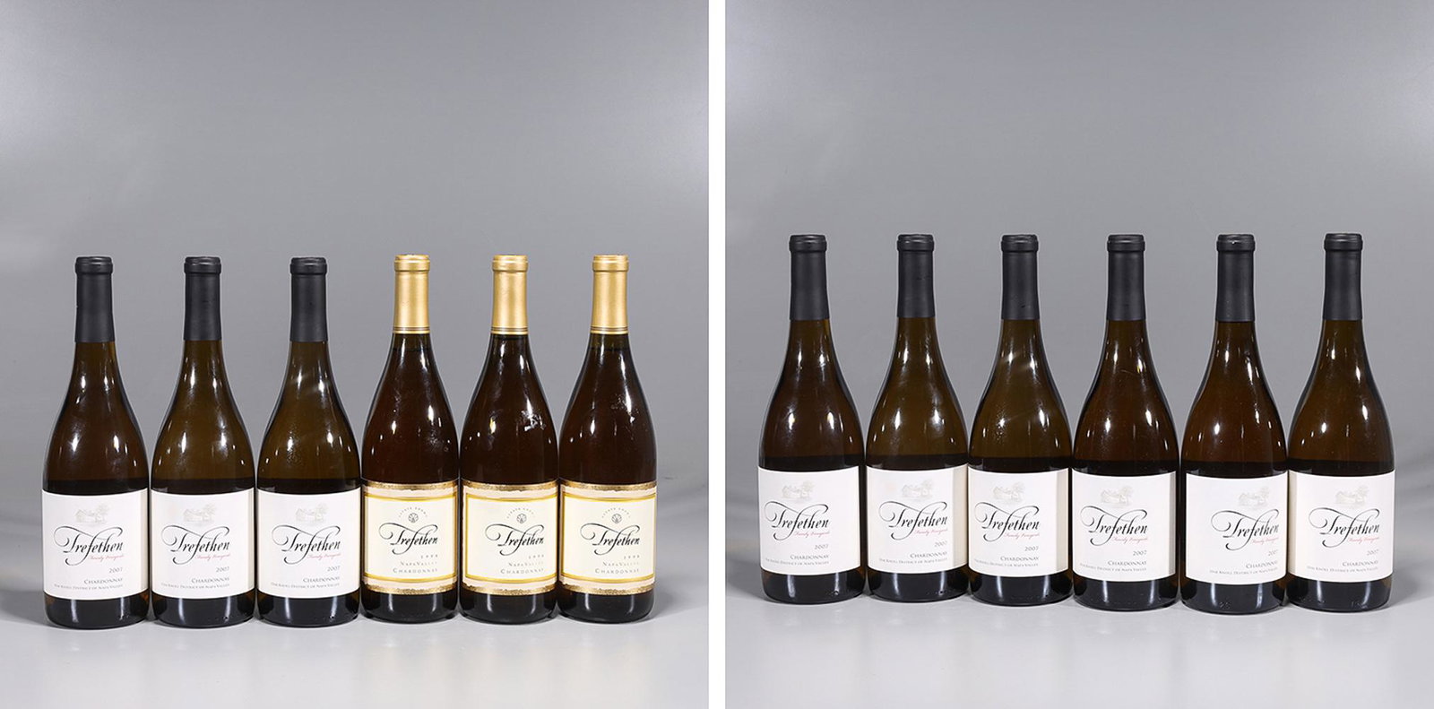Lot of Twelve Bottles of Trefethen Family Chardonnay: Lot of nine bottles of Trefethen Family 2007 Oak Knoll District of Napa Valley Chardonnay, and three bottles of Trefethen Family 1998 Napa Valley Chardonnay; 750 ML Provenance: Private Sherman Oaks, C