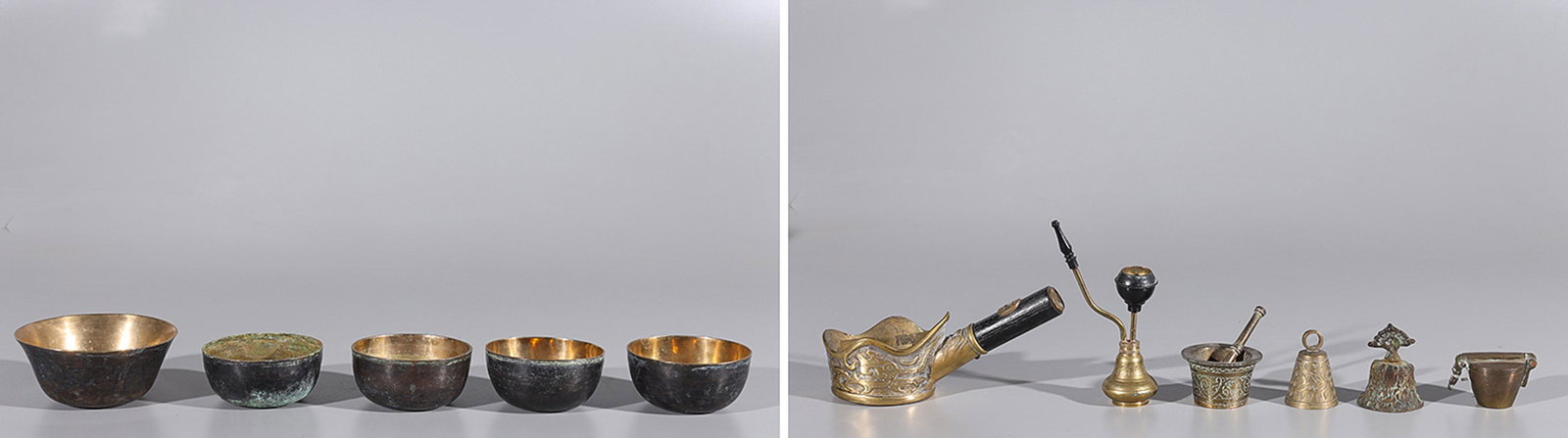 Group of Assorted Asian Metalworks: Group of eighteen assorted Asian bronze and copper alloy metalworks, including Chinese bowls, Sino-Tibetan bells, mortar and pestle, weights, and oil burner; as-is condition, varying levels of patina,