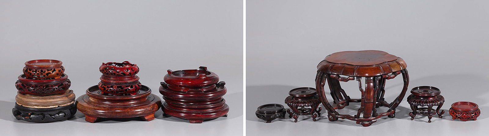 Group of Various Chinese Wood Stands: Group of approximately twenty Chinese wood stands of various shapes and sizes; the largest H 6 1/2" x D 10 1/2" (approx.) Provenance: Private Beverly Hills, CA collection
