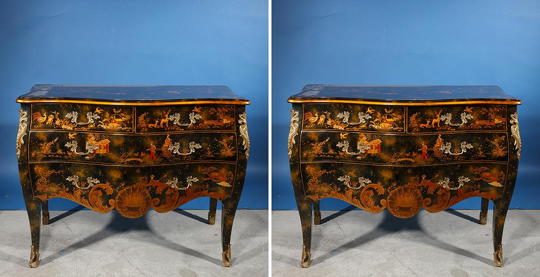 Pair of Maitland Smith Six-Drawer Louis XV Bombay: Pair of Maitland Smith six-drawer Louis XV Bombay chests with metal label to interior of one drawer, made in the Philippines; overall good condition, minor wear; H 34 1/2" x W 45" x D 23 1/4" (Approx.