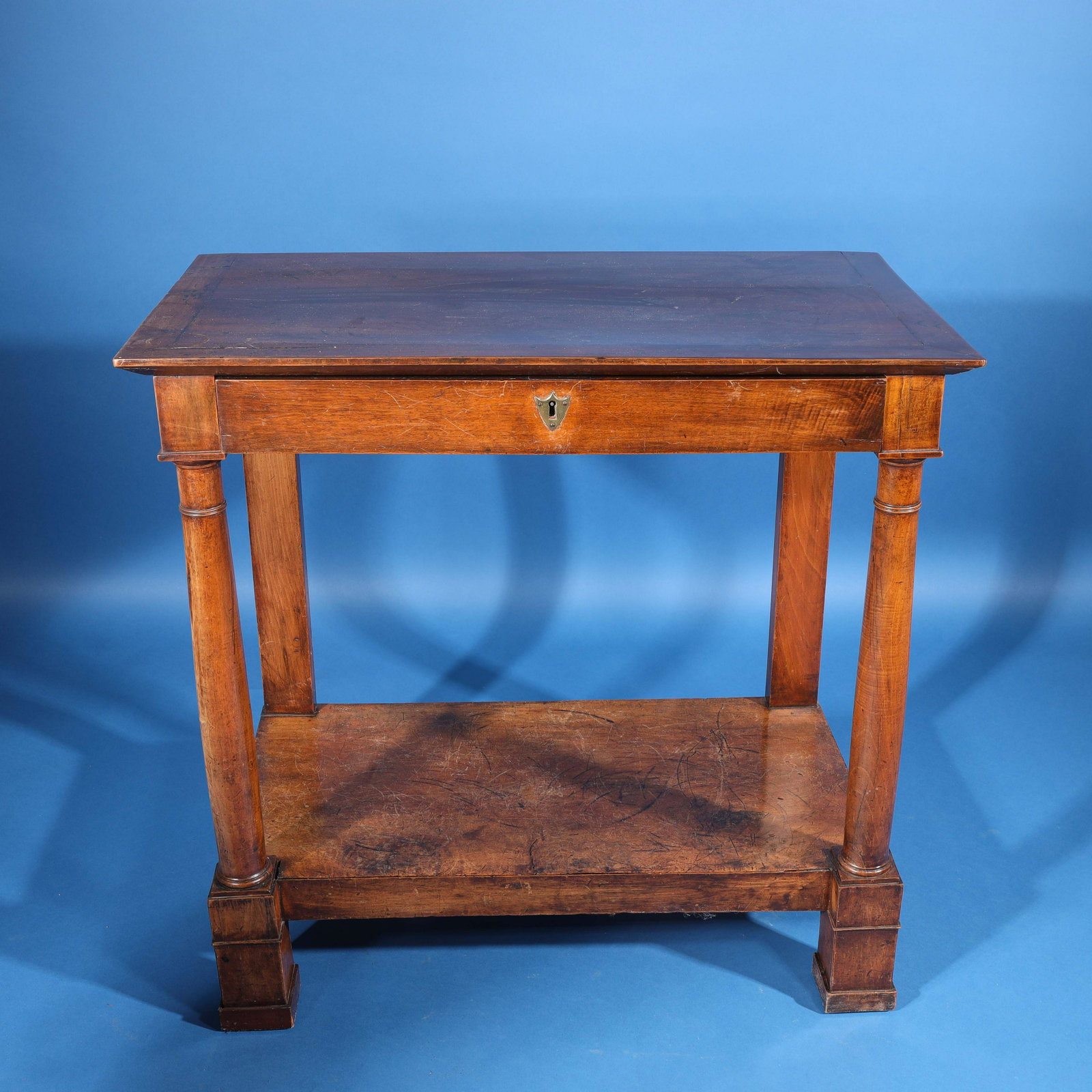 Antique Wooden Console Table: Antique wooden console table with one drawer, late 19th century or early 20th century; some wear, some marks, some scuffing, some water marks and rings; "H 34 1/4" x W 34 3/4" x 19" (approx.) Provenan