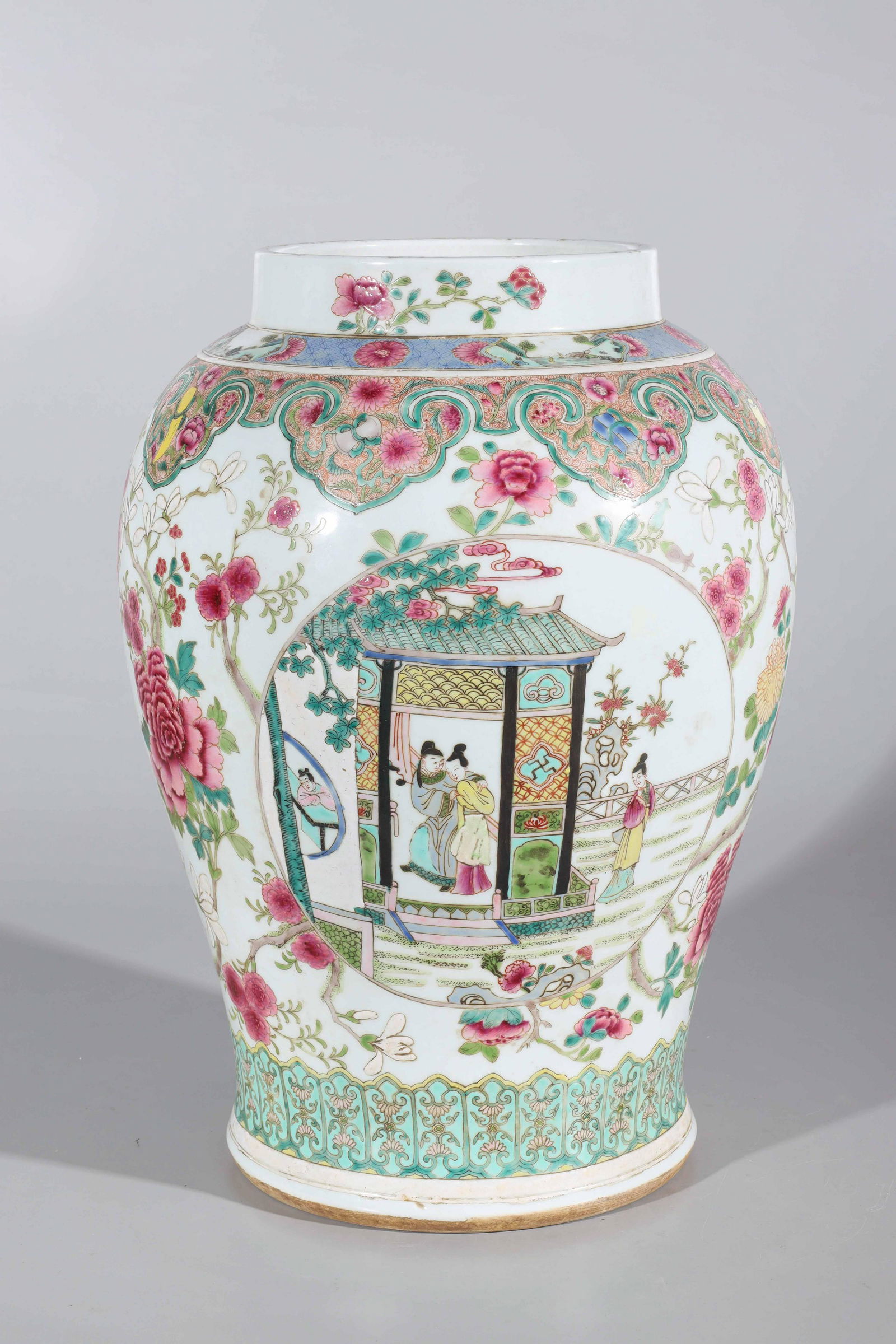 Chinese Famille Rose Enameled Porcelain Vase: Chinese famille rose enameled porcelain vase with allover floral designs and audience scenes; some wear, some losses to glaze, minor firing flaws; H 17 1/2" x 12 1/2" (approx.)
