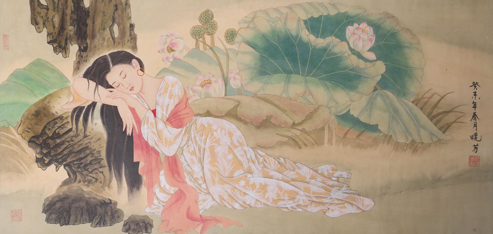 Chinese Ink & Color on Paper Painting mounted as Scroll: Chinese Ink and color on paper painting of a reclining beauty mounted on a silk scroll, with calligraphy and seal marks; overall good condition; the painting 52" x 25 1/2", the scroll 67" x 29" (appro