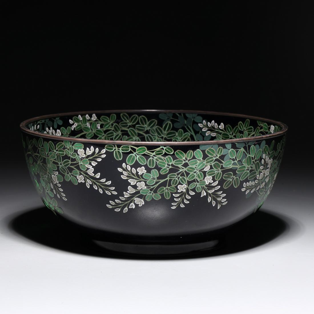 Japanese Cloisonne Enameled Bowl: Japanese cloisonne enameled bowl with floral motif, metal rim and foot, Ando mark to base, Japanese wood box; overall good condition, minor wear to box; the bowl H 3 7/8" x D 8 3/4" (approx.)