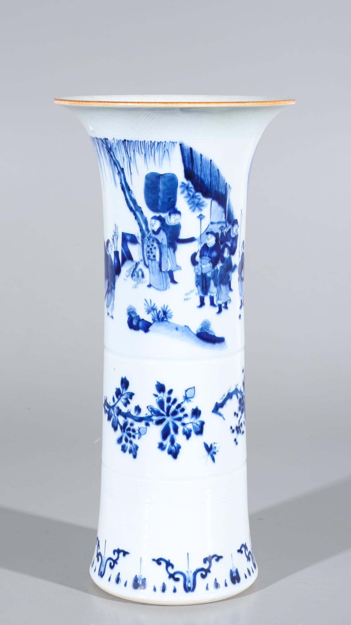 Chinese Blue & White Porcelain Beaker Vase: Chinese blue and white porcelain beaker vase with figures and floral designs to body; overall good condition, minor wear; H 16 1/2" x D 8" (approx.)