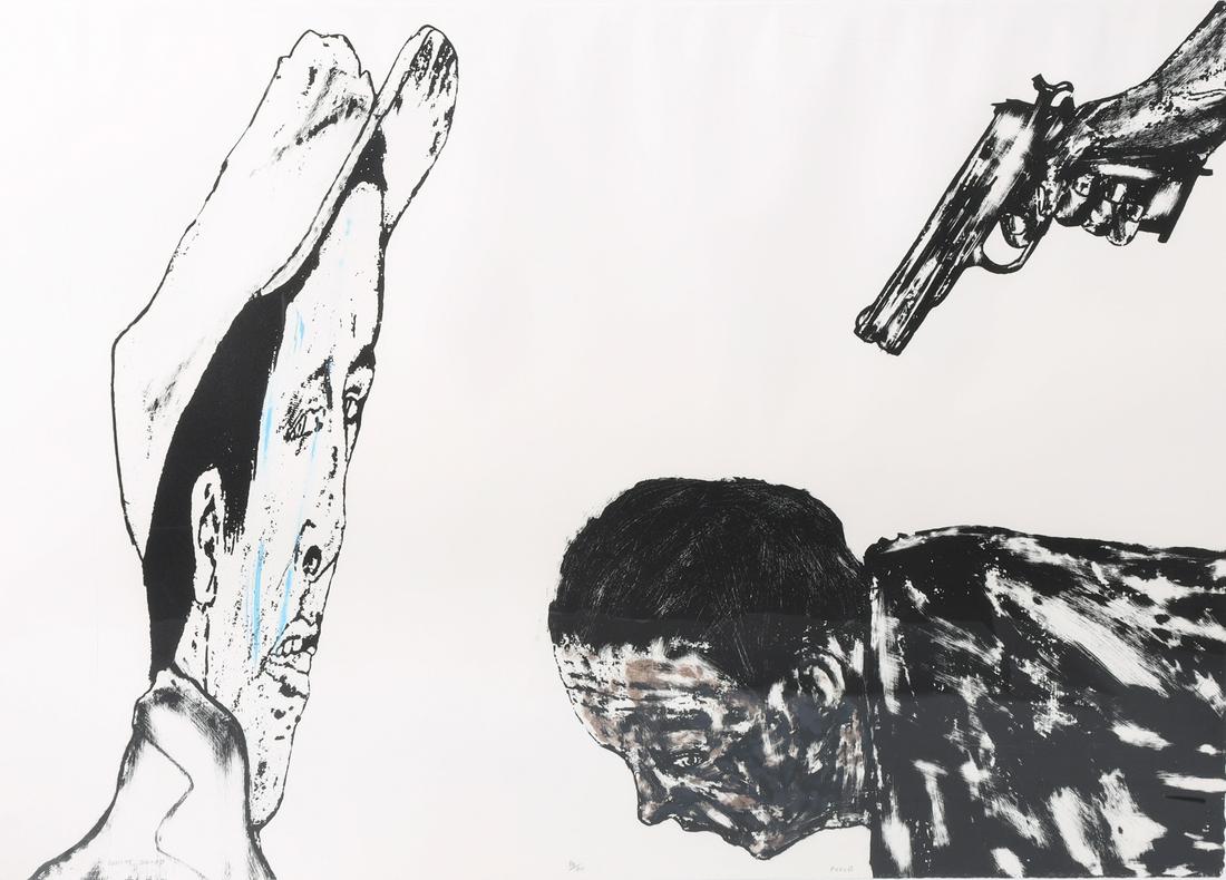 White Squad by Leon Golub: White Squad, 1987, by Leon Golub; lithograph, on wove paper, signed, titled and annotated 30/60, published by Rutgers University, New Brunswick, New Jersey; pale yellow staining in the upper left corn