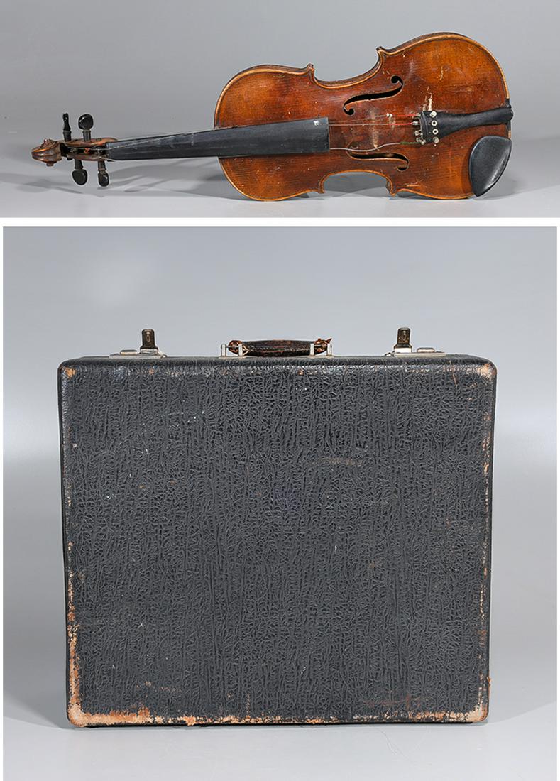 Antique Violin & Traveling Case: Grouping of antique violin in carrying case, and vintage suitcase with green silk lining and metal hardware; each in as-is condition, violin and bow both with broken strings, case with signs of ware,