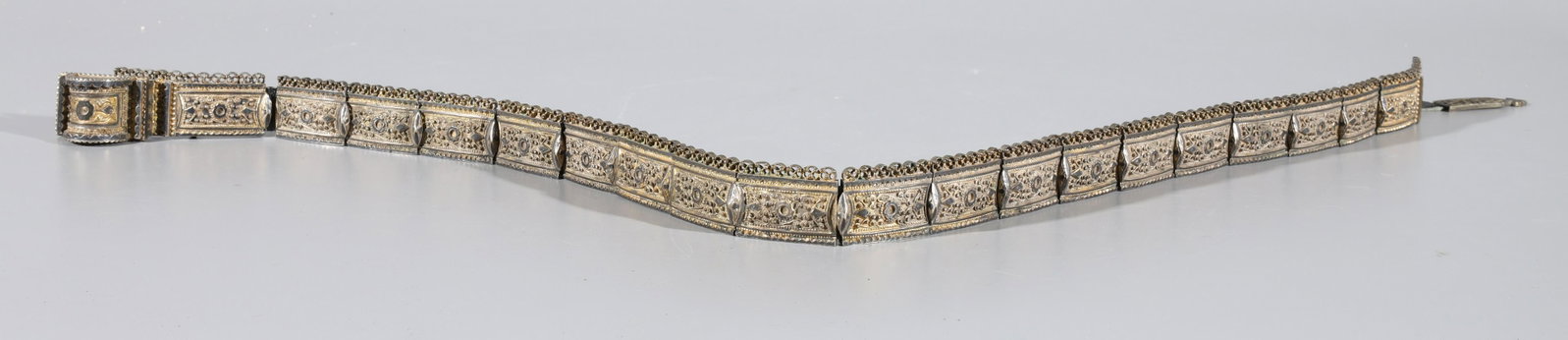 Antique Russian Silver Niello Belt: Antique Russian silver niello belt, each belt link with hallmark and Russian 84 silver standard mark, with extra piece; overall good condition, minor wear; L 32 1/2" x W 1 1/4" (approx.)