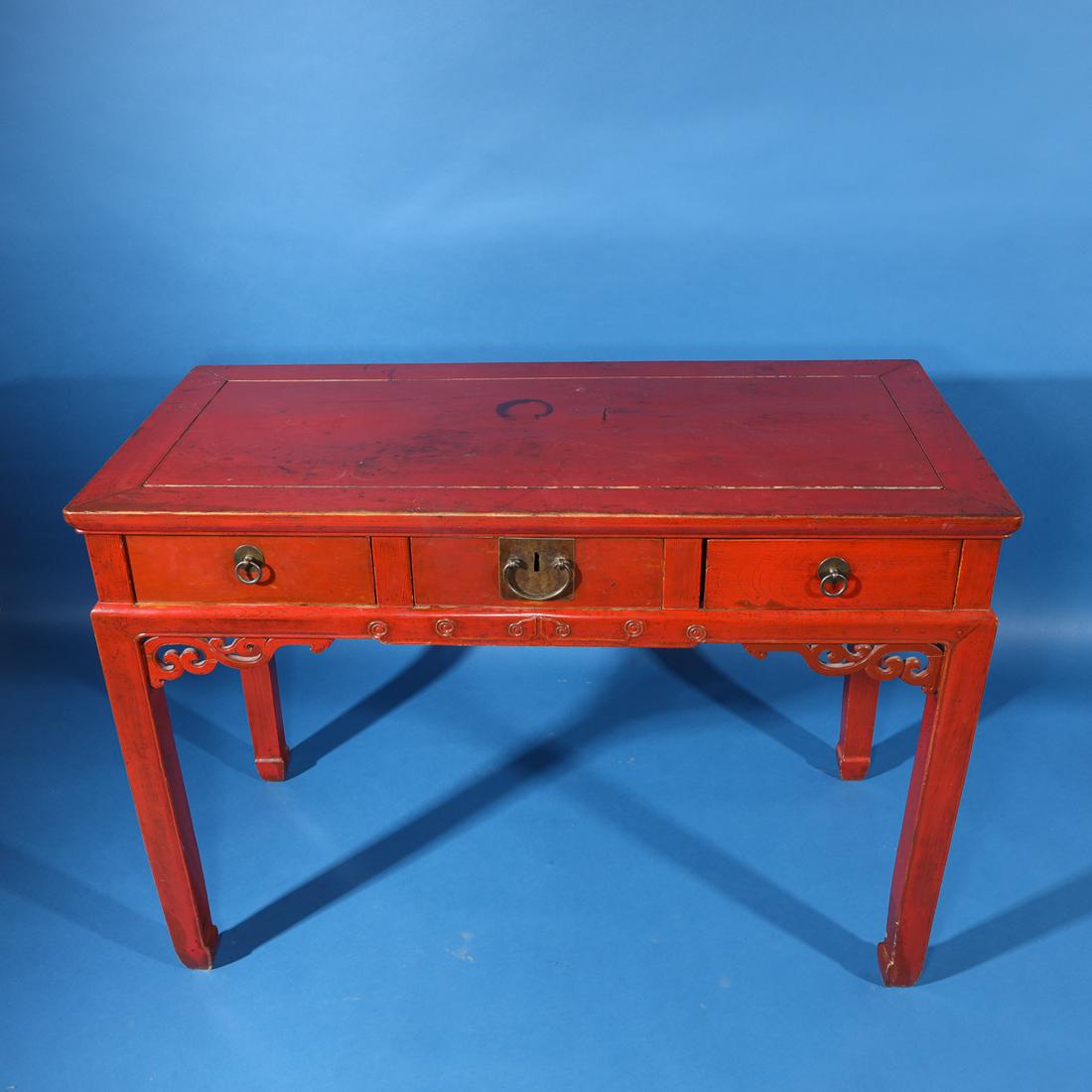 Antique Chinese Painted Red Console Table: Antique Chinese painted red console table, metal fittings; as-is condition, surface wear, stains; H 32 1/2" x W 46" x 21 1/2" (approx.)