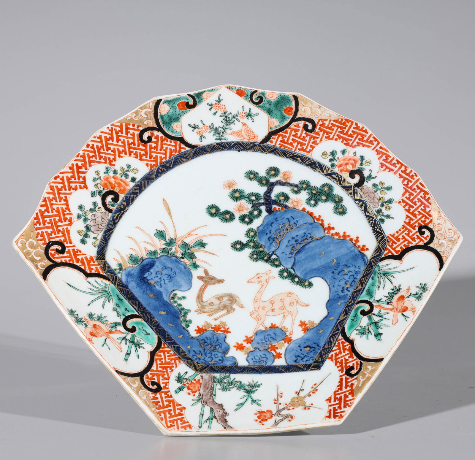 Chinese Porcelain Famille Verte Dish: Chinese porcelain famille verte Imari style dish with deer and foliage designs, with mark to bottom; some wear, some losses to enamel, some surface scratches; H 1 1/4" x W 12" x L 10 1/4" (approx.)
