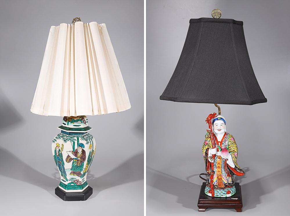 Two Chinese Enameled Porcelains Mounted as Lamps: Two Chinese enameled porcelains mounted as lamps including standing figure holding staff and peach with calligraphy on the front of robe, and famille verte covered porcelain vase, lamps not tested for