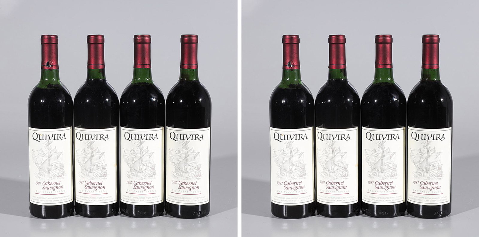 Lot of 8 Bottles of Quivera Dry Creek Valley Cabernet: Lot of eight bottles of Quivera Dry Creek Valley cabernet sauvignon, including three bottles 1988 and five bottles from 1987, 750 ML Provenance: Private Sherman Oaks, CA collection