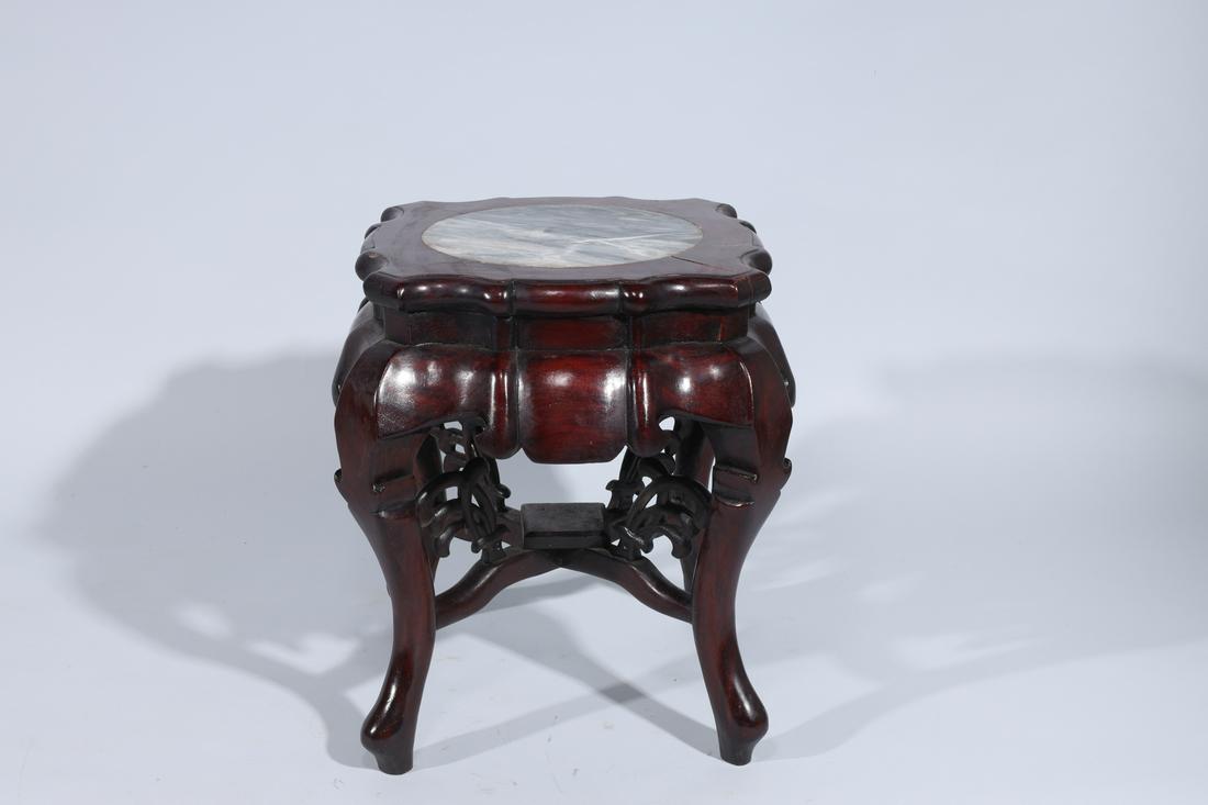 Chinese Wood & Hardstone Stool: Chinese wood stool with circular hardstone inlaid seat; some minor wear and flaws, surface scratches; H 17" x W 13 1/2" x L 13 1/2" (approx.)
