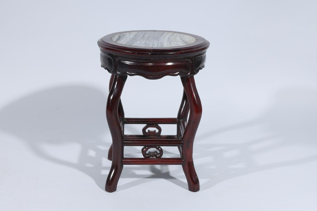 Chinese Wood & Hardstone Stool: Chinese wooden stool with hardstone inlaid surface; overall good condition, some minor wear and scratches, some chips, minor flaws; H 17 1/2" x D 15 1/4" (approx.)