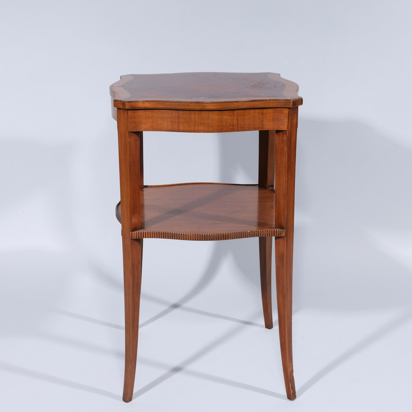 Wood Side Table: American carved wood side table, French style, with label Weiman Rockford, Illinois; as-is condition, stains, chips, scratches, some cracks; H 26" x L 16 1/4" x W 16 1/4" (approx.)