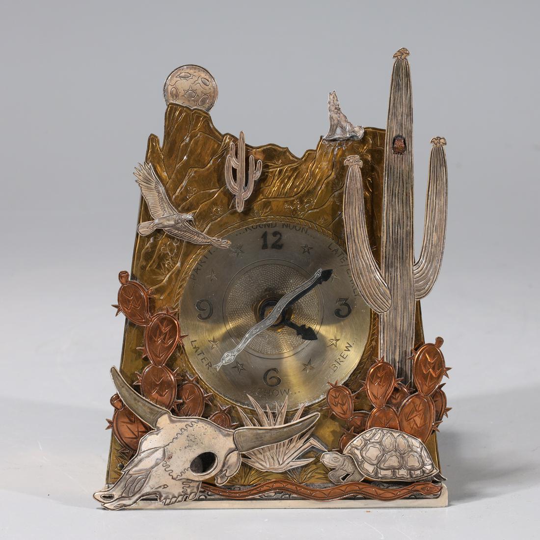 Vintage "Kit Carson" Clock, 1987: Vintage "Kit Carson" Clock, 1987, with beautiful details such as an owl, coyote, moon, eagle, serpant, bull skull and tortoise. On the face of the clock there are beautiful star details as well as the